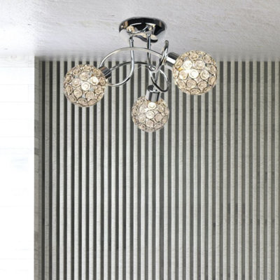 First Choice Lighting Reno Chrome Clear Jewelled Glass 3 Light Flush Ceiling Light