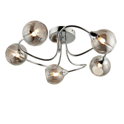 First Choice Lighting Rhian Chrome with Smoked Glass 5 Light Flush Ceiling Light