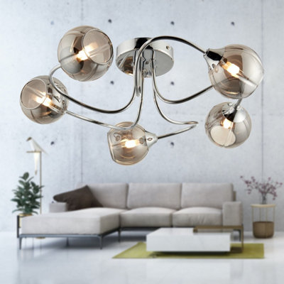 First Choice Lighting Rhian Chrome with Smoked Glass 5 Light Flush ...