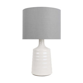 First Choice Lighting Ripple Off White Ribbed Ceramic Table Lamp with Grey Fabric Shade
