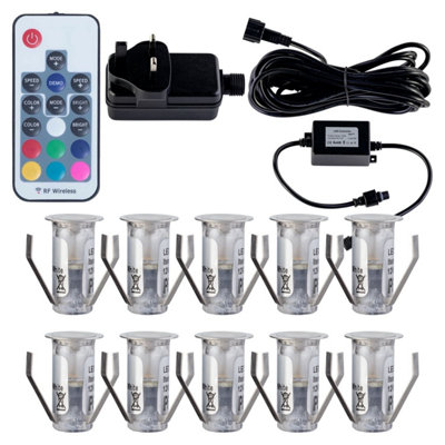 First Choice Lighting Set of 10 15mm Stainless Steel IP67 RGB Colour Changing LED Plinth Decking Kit
