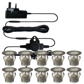 First Choice Lighting Set of 10 30mm Stainless Steel IP67 Cool White LED Decking Kit with Dusk til Dawn Photocell Sensor