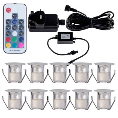First Choice Lighting Set of 10 30mm Stainless Steel IP67 RGB Colour Changing LED Plinth Decking Kit