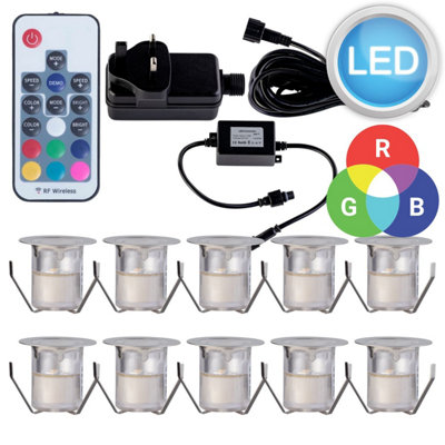 First Choice Lighting Set of 10 30mm Stainless Steel IP67 RGB Colour Changing LED Plinth Decking Kit