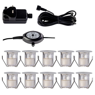 First Choice Lighting Set of 10 30mm Stainless Steel IP67 Warm White LED Plinth Decking Kit with Dusk til Dawn Photocell Sensor
