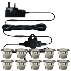 First Choice Lighting Set of 10 45mm Stainless Steel IP67 Cool White LED Plinth Decking Kit with Dusk til Dawn Photocell Sensor