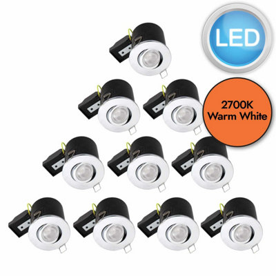 First Choice Lighting Set of 10 Chrome Fire Rated Tilt Recessed Ceiling Downlights with Warm White LED Bulbs