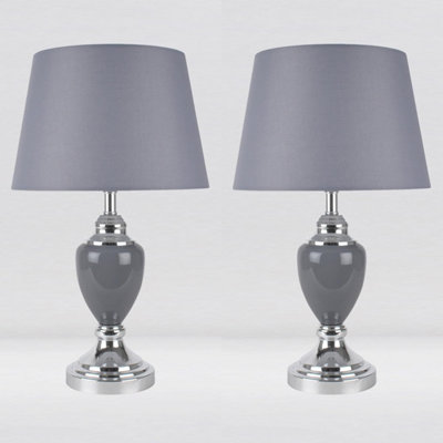 First Choice Lighting Set of 2 Abbey Chrome Grey Table Lamp With Shades