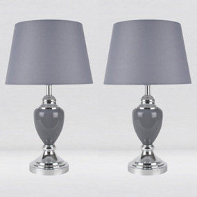 First Choice Lighting Set of 2 Abbey Chrome Grey Table Lamp With Shades