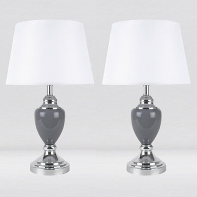 First Choice Lighting Set of 2 Abbey Chrome Grey White Table Lamp With Shades