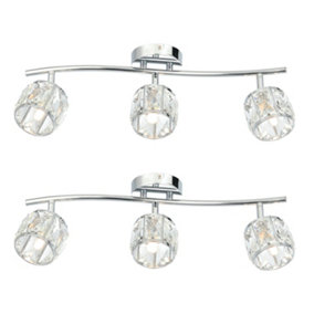 First Choice Lighting - Set of 2 Alaska Chrome 3 Light Ceiling Spotlight Plates with Crystal Glass Shades