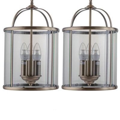 First Choice Lighting Set of 2 Alicia Antique Brass Clear Glass 3 Light Ceiling Pendant Lights