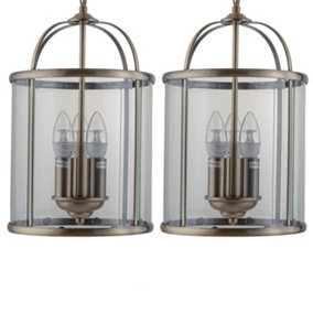 First Choice Lighting Set of 2 Alicia Antique Brass Clear Glass 3 Light Ceiling Pendant Lights