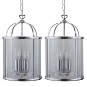 First Choice Lighting Set of 2 Alicia Chrome Clear Glass 3 Light Ceiling Pendant Lights