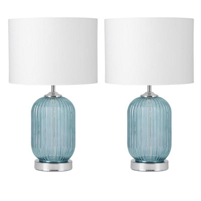 First Choice Lighting Set of 2 Amalfi Chrome Turquoise Ribbed Glass White Table Lamp With Shades