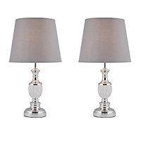 First Choice Lighting Set of 2 Anthea Chrome Clear Glass Grey Table Lamp With Shades