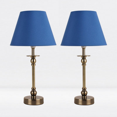 First Choice Lighting Set of 2 Antique Brass Plated Bedside Table Light with Ball Detail Column Blue Fabric Shade