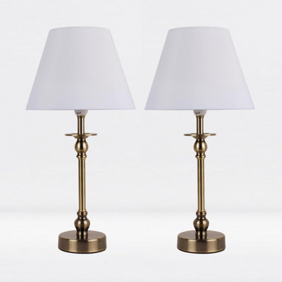 First Choice Lighting Set of 2 Antique Brass Plated Bedside Table Light with Ball Detail Column White Fabric Shade