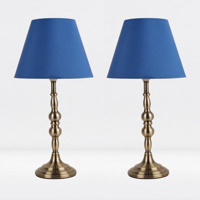 First Choice Lighting Set of 2 Antique Brass Plated Bedside Table Light with Candle Column Blue Fabric Shade