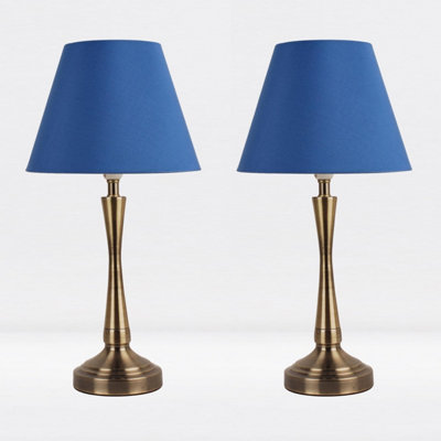 First Choice Lighting Set of 2 Antique Brass Plated Bedside Table Light with Curved Column Blue Fabric Shade