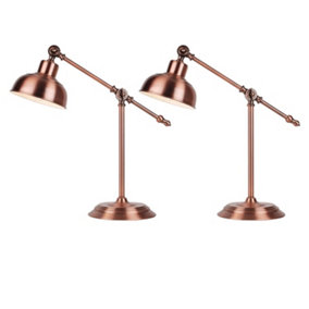 First Choice Lighting Set of 2 Antique Brushed Copper Lever Arm Table Lamps