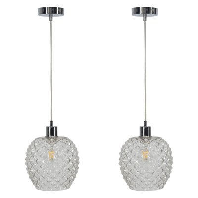 First Choice Lighting Set of 2 Baine Clear Textured Glass with Chrome Pendant Fittings