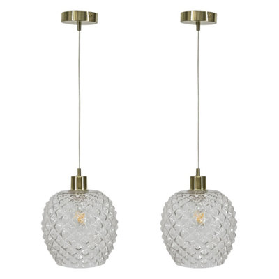 First Choice Lighting Set of 2 Baine Clear Textured Glass with Satin Brass Pendant Fittings