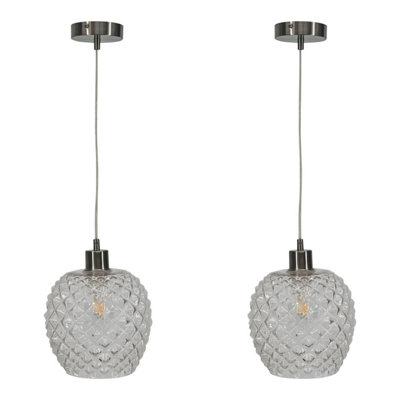 First Choice Lighting Set of 2 Baine Clear Textured Glass with Satin Nickel Pendant Fittings