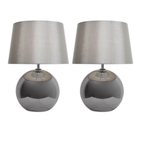 First Choice Lighting Set of 2 Ball Smoked Glass Table Lamps with Grey Fabric Shades