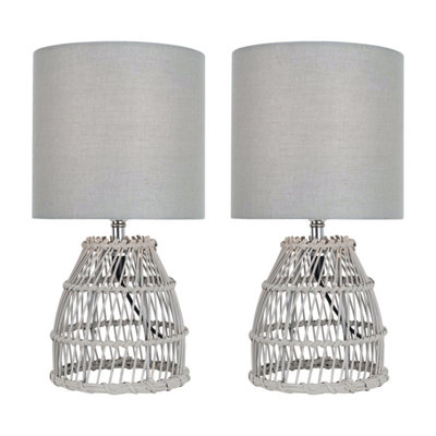 First Choice Lighting Set of 2 Bamboo Grey Wash Bamboo 32cm Table Lamps With Grey Fabric Shades