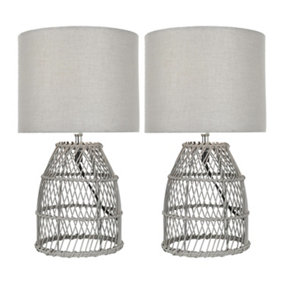 First Choice Lighting Set of 2 Bamboo Grey Wash Bamboo 36cm Table Lamps With Grey Fabric Shades
