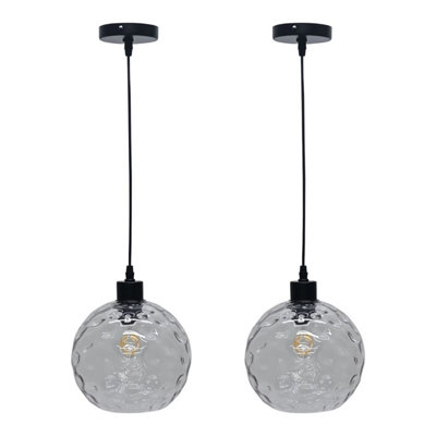 First Choice Lighting Set of 2 Barnum Clear Dimple Glass Globe with Black Pendant Fittings