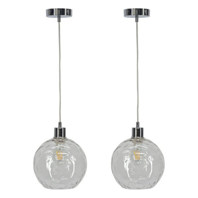 First Choice Lighting Set of 2 Barnum Clear Dimple Glass Globe with Chrome Pendant Fittings