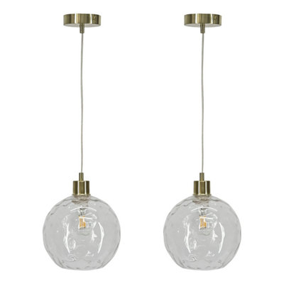 First Choice Lighting Set of 2 Barnum Clear Dimple Glass Globe with Satin Brass Pendant Fittings