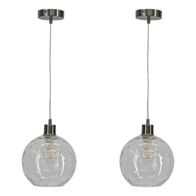 First Choice Lighting Set of 2 Barnum Clear Dimple Glass Globe with Satin Nickel Pendant Fittings