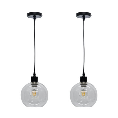 First Choice Lighting Set of 2 Barnum Clear Glass Globe with Black Pendant Fittings