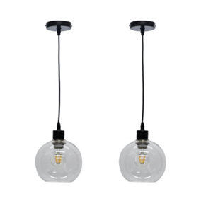 First Choice Lighting Set of 2 Barnum Clear Glass Globe with Black Pendant Fittings