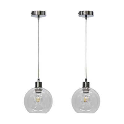 First Choice Lighting Set of 2 Barnum Clear Glass Globe with Chrome Pendant Fittings