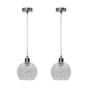 First Choice Lighting Set of 2 Barnum Clear Glass Globe with Chrome Pendant Fittings
