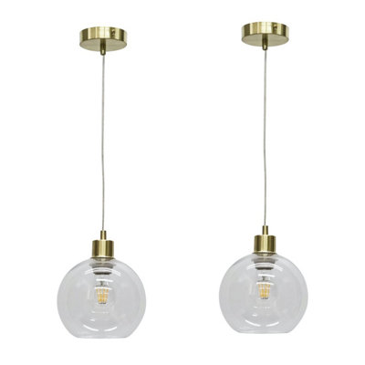 First Choice Lighting Set of 2 Barnum Clear Glass Globe with Satin Brass Pendant Fittings