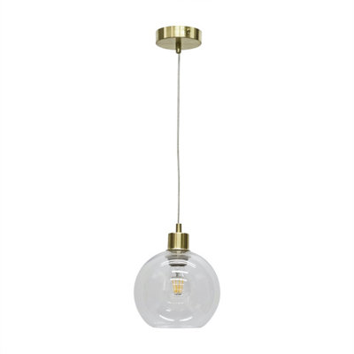 First Choice Lighting Set of 2 Barnum Clear Glass Globe with Satin Brass Pendant Fittings