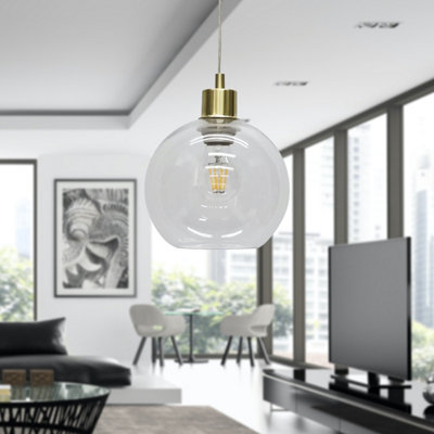 First Choice Lighting Set of 2 Barnum Clear Glass Globe with Satin Brass Pendant Fittings