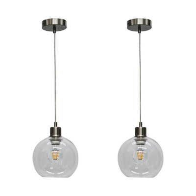 First Choice Lighting Set of 2 Barnum Clear Glass Globe with Satin Nickel Pendant Fittings