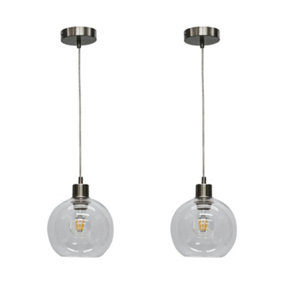 First Choice Lighting Set of 2 Barnum Clear Glass Globe with Satin Nickel Pendant Fittings