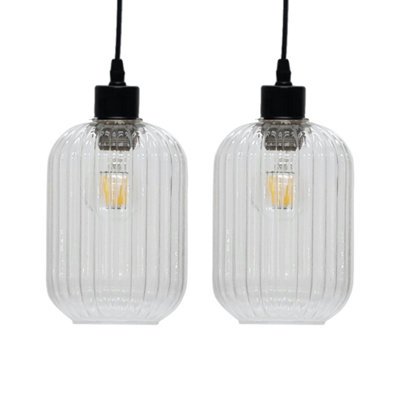 First Choice Lighting Set of 2 Batley Clear Ribbed Glass Easy Fit Pendant Shades