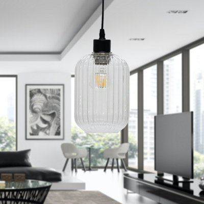 First Choice Lighting Set of 2 Batley Clear Ribbed Glass Easy Fit Pendant Shades