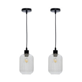 First Choice Lighting Set of 2 Batley Clear Ribbed Glass with Black Pendant Fittings