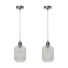 First Choice Lighting Set of 2 Batley Clear Ribbed Glass with Chrome Pendant Fittings