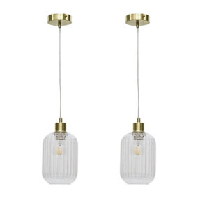 First Choice Lighting Set of 2 Batley Clear Ribbed Glass with Satin Brass Pendant Fittings