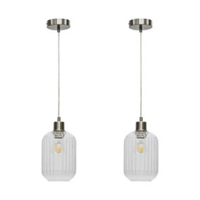 First Choice Lighting Set of 2 Batley Clear Ribbed Glass with Satin Nickel Pendant Fittings